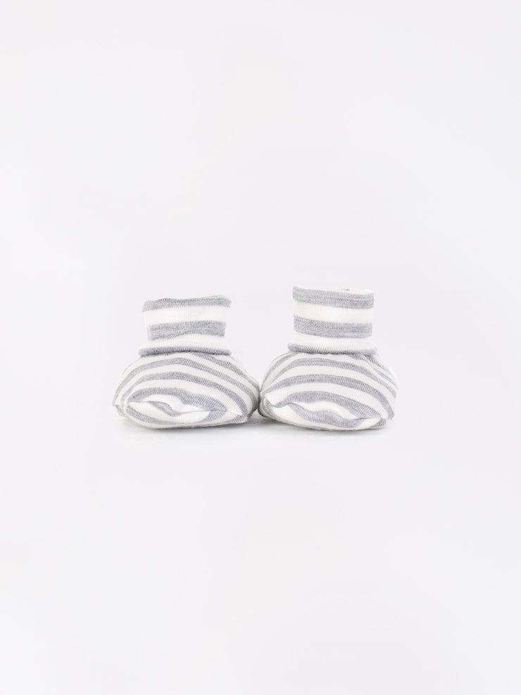 mokopuna newborn booties in merino with foldable cuffs in size OSFA_cloudy bay stripe