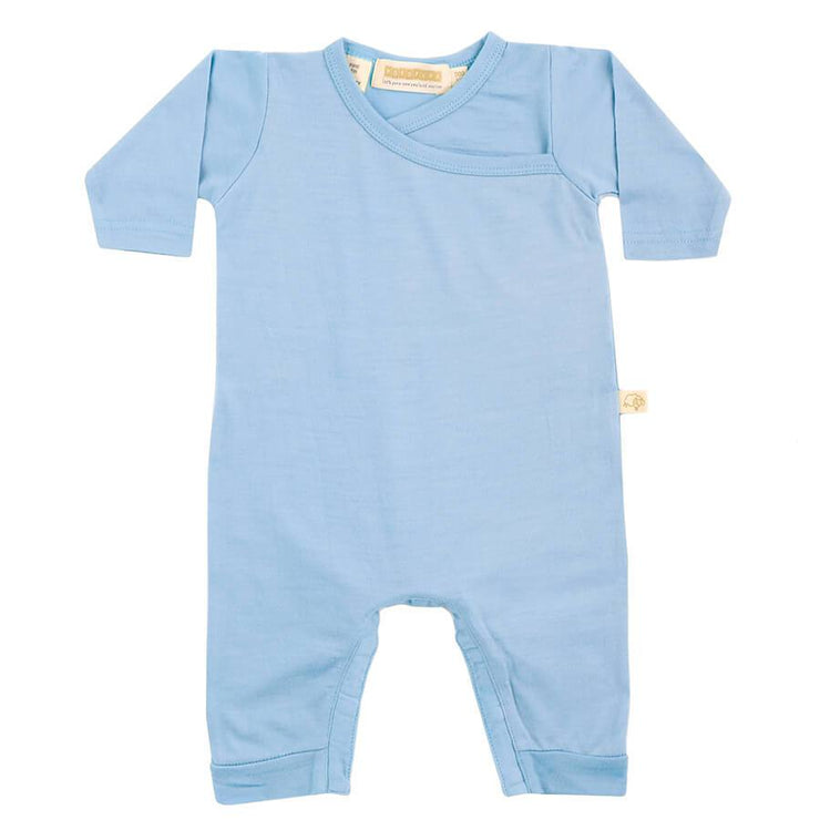 mokopuna all in one romper in merino with long legs with domes, long sleeves and wrap neckline in size 0_glacier