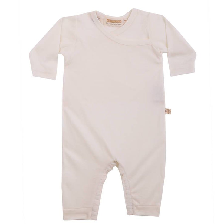mokopuna all in one romper in merino with long legs with domes, long sleeves and wrap neckline in size 000_lily