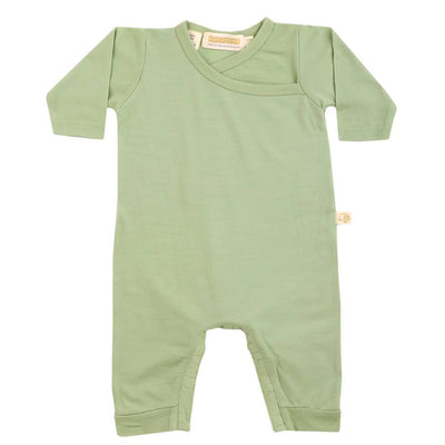 mokopuna all in one romper in merino with long legs with domes, long sleeves and wrap neckline in size 000_pistachio