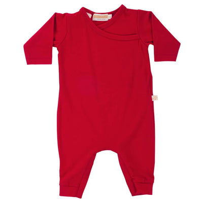 mokopuna all in one romper in merino with long legs with domes, long sleeves and wrap neckline in size 0_ruby