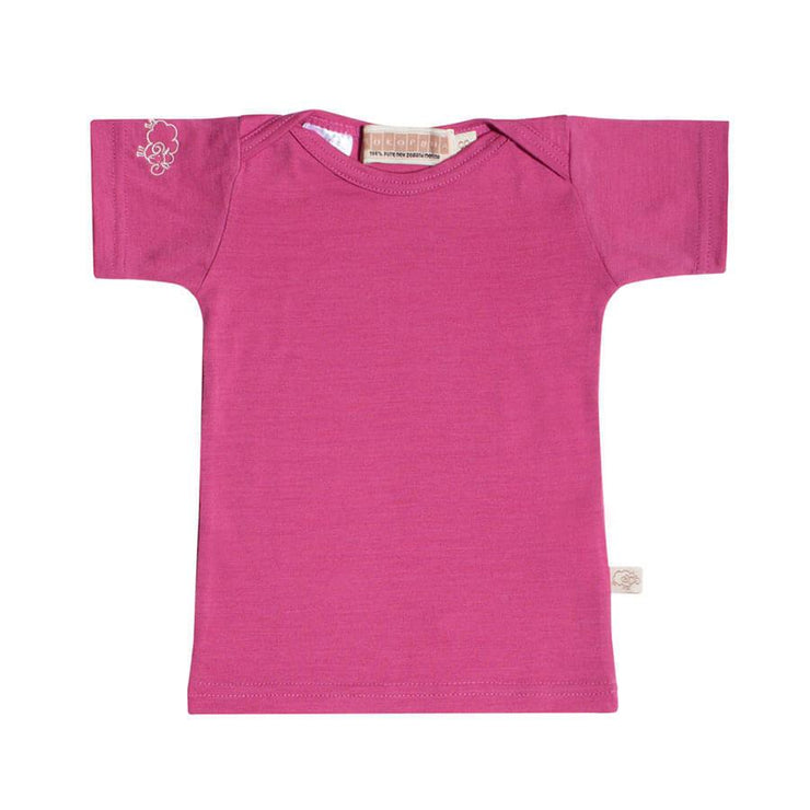 mokopuna baby tee shirt in merino with short sleeves and envelope neckline in size 000_raspberry