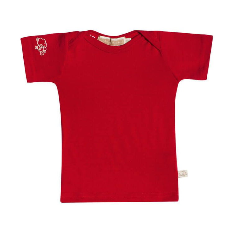 mokopuna baby tee shirt in merino with short sleeves and envelope neckline in size 000_ruby