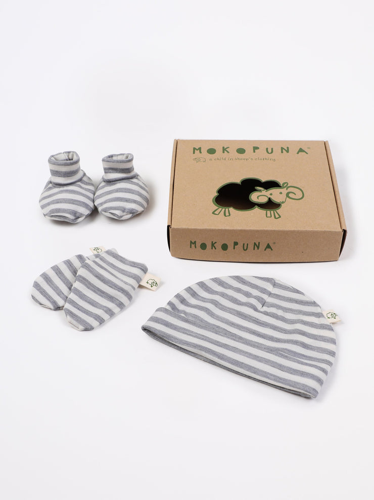 mokopuna set of merino newborn essentials, beanie, booties, scratch mittens, packed in a gift box in size NB_cloudy bay stripe