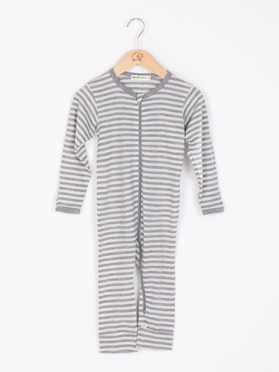mokopuna all in one romper in merino with long legs, a two-way zip, long sleeves and round neckline in size NB_cloudy bay stripe