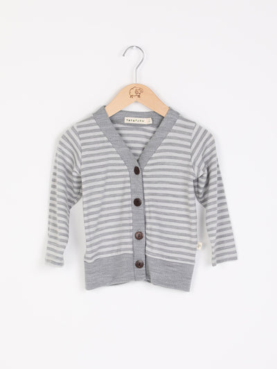 mokopuna merino cardigan with long sleeves, V neckline and buttoms in size 4_cloudy bay stripe mist