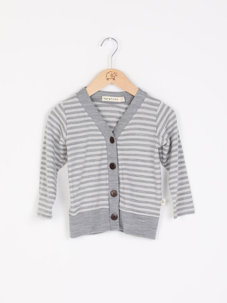 mokopuna merino cardigan with long sleeves, V neckline and buttoms in size 4_cloudy bay stripe mist