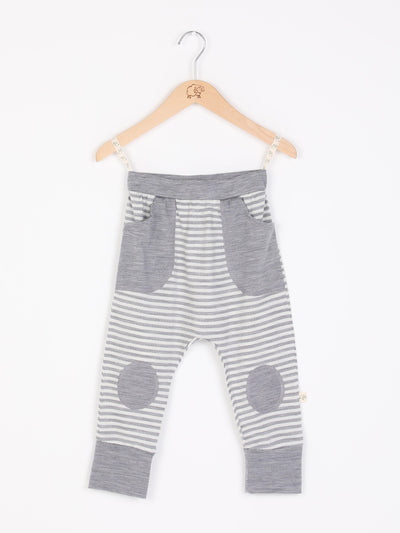 mokopuna slouch trackpants in merino, with elastic waistband, pockets and knee pads in size 4_cloudy bay stripe mist